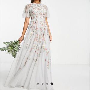 ASOS Embroidered Floral Maxi Dress in Light Grey with Pink and Green Accents